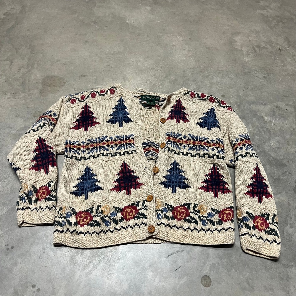 Bushwacker Vintage Christmas Tree Floral Knit Cardigan Sweater Cream Womens M
